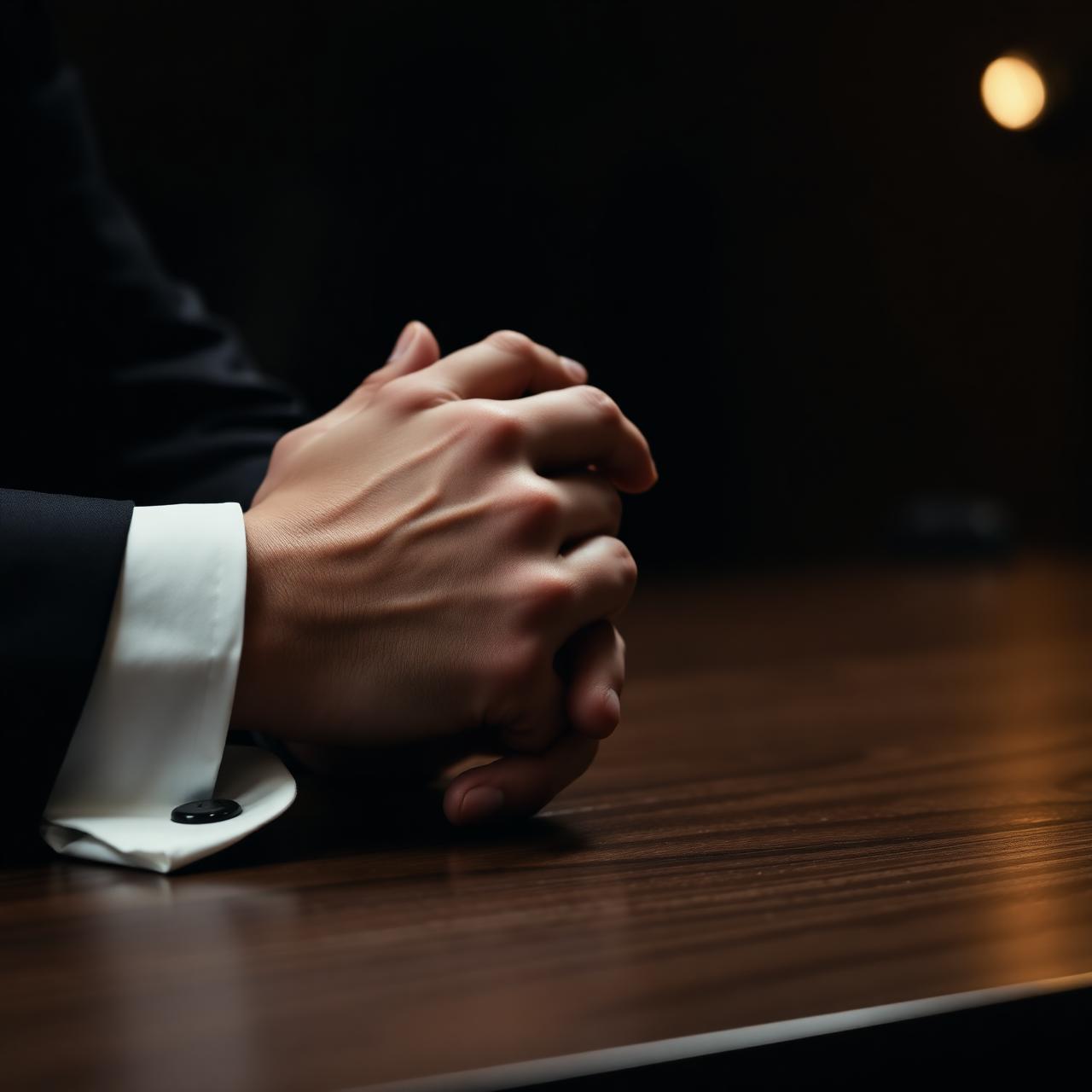 Folded hands resting on a boardroom table in warm low light