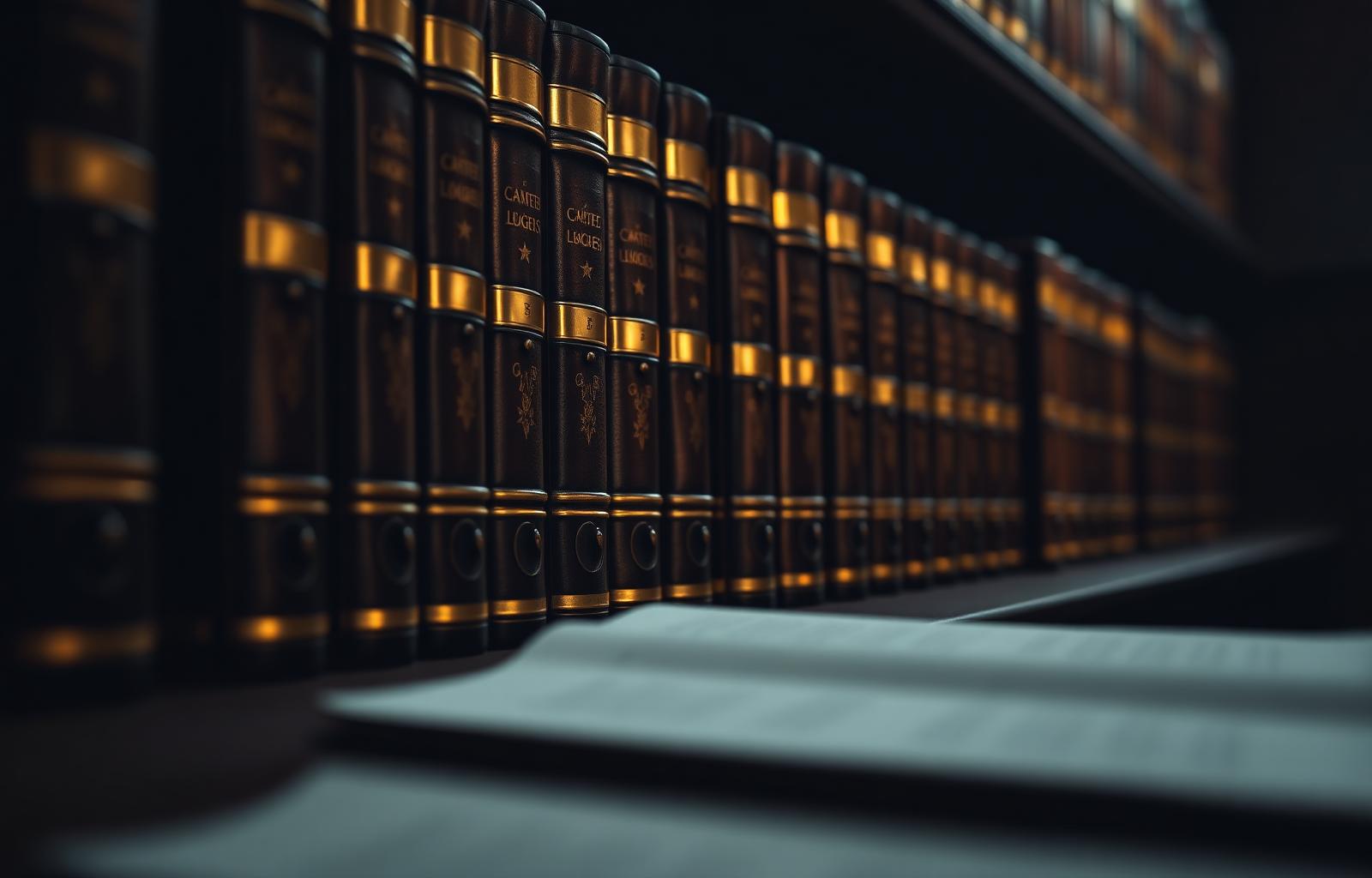 A row of leather-bound case ledgers with gold lettering on a dark shelf