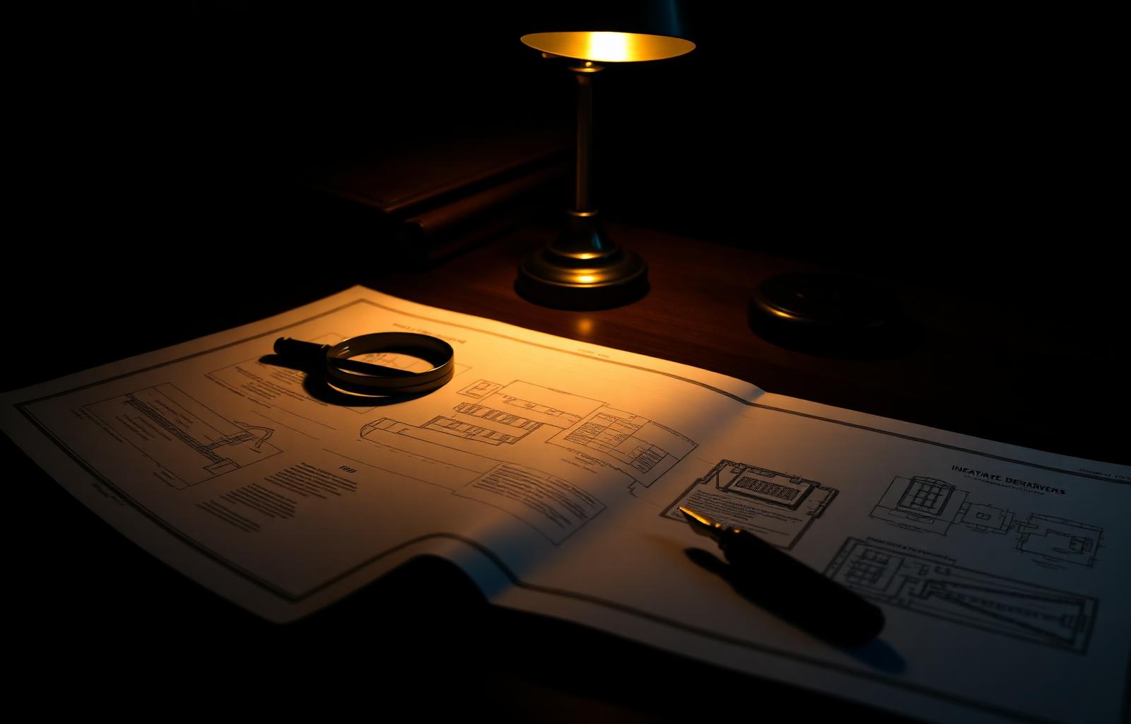 Blueprints, magnifying glass, and pen lit by a banker's lamp on a dark desk